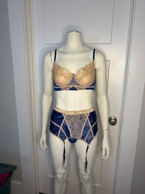Navy Satin & Nude Lace Bra and Garter Set